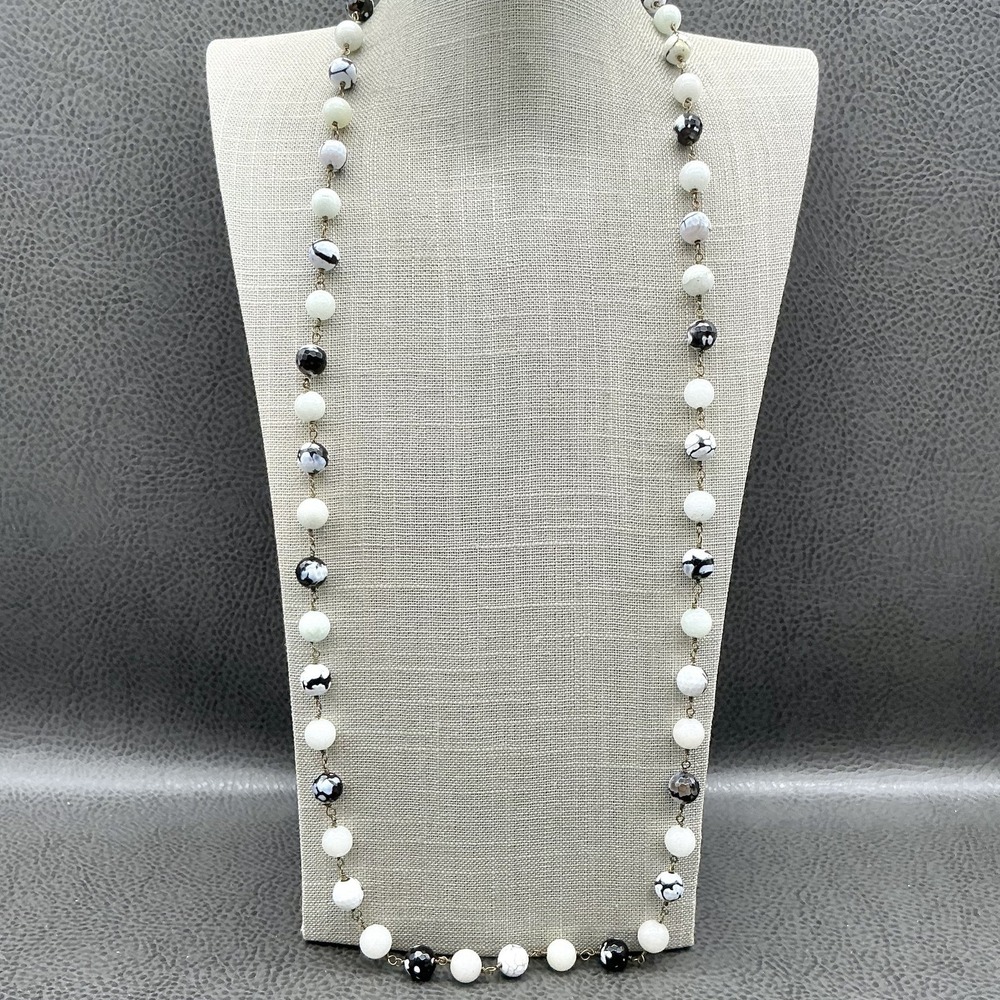 Necklace Jade Stones And Black White Glass‎ Beads 26 Inch Retro Jewelry 26"